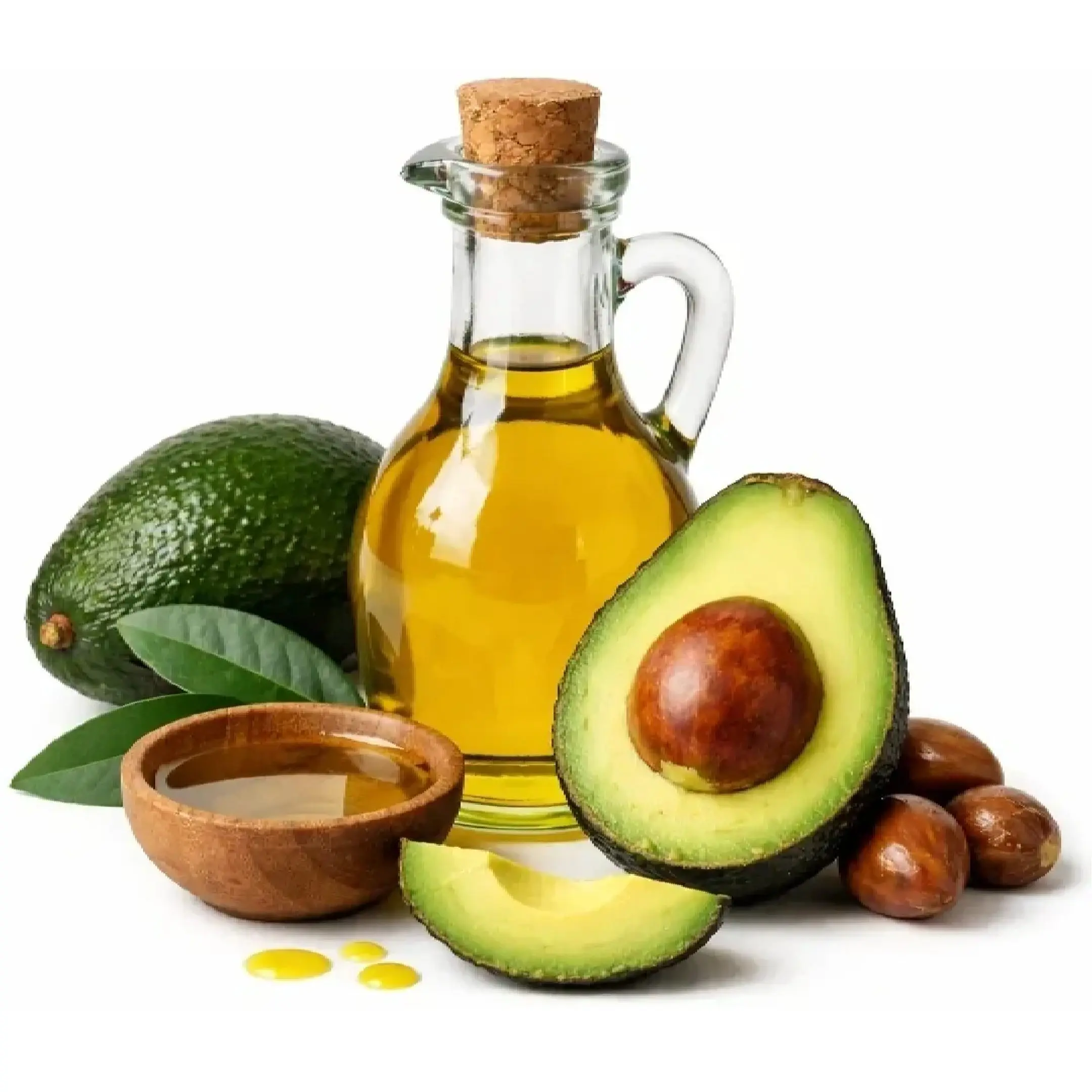 Glass bottle of avocado oil with avocados