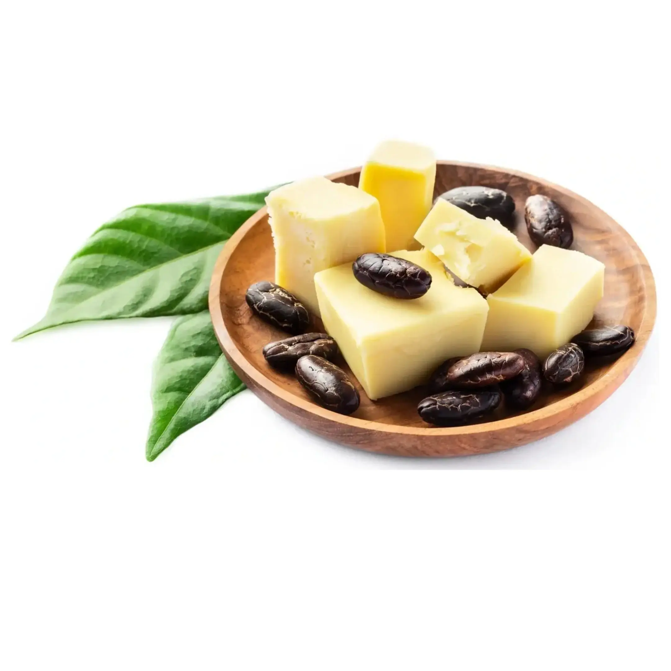 Cocoa butter blocks with cocoa beans, green leaves