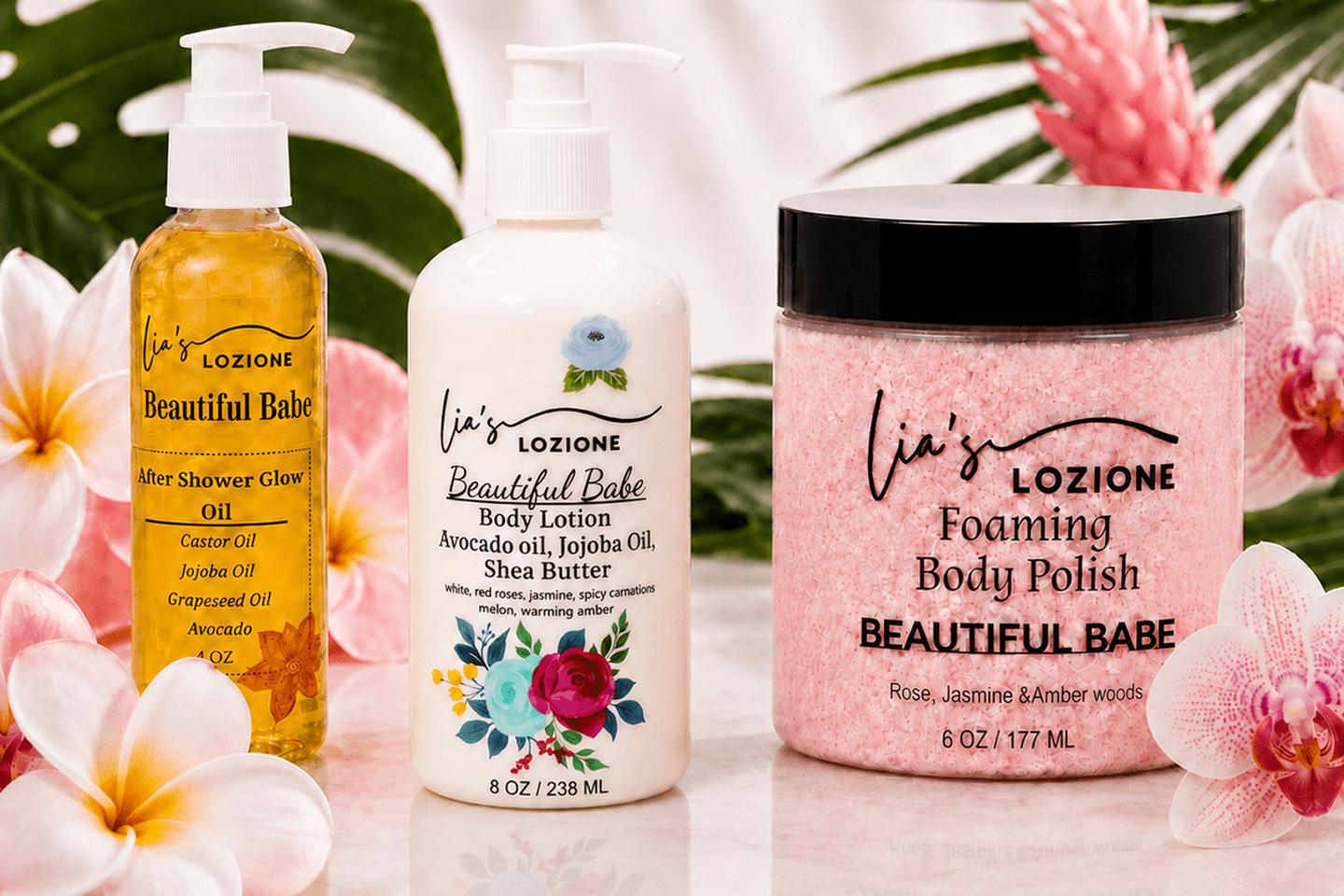 Beautiful Babe skincare trio with tropical flowers