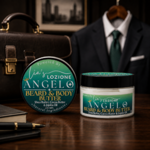 Men's Beard & Body Butter, Scent is ANGELO, 4 oz Jar. ANGELO: Warm amber and cardamom spice add depth and sensuality, leaving behind a smooth, masculine scent. Powered By Lia's Lozione.