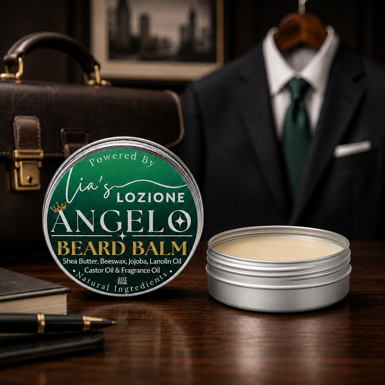 Men's Beard Balm, Scent is ANGELO, 2 oz Twist Top Tin with Lid off. ANGELO: Warm amber and cardamom spice add depth and sensuality, leaving behind a smooth, masculine scent. Powered By Lia's Lozione.