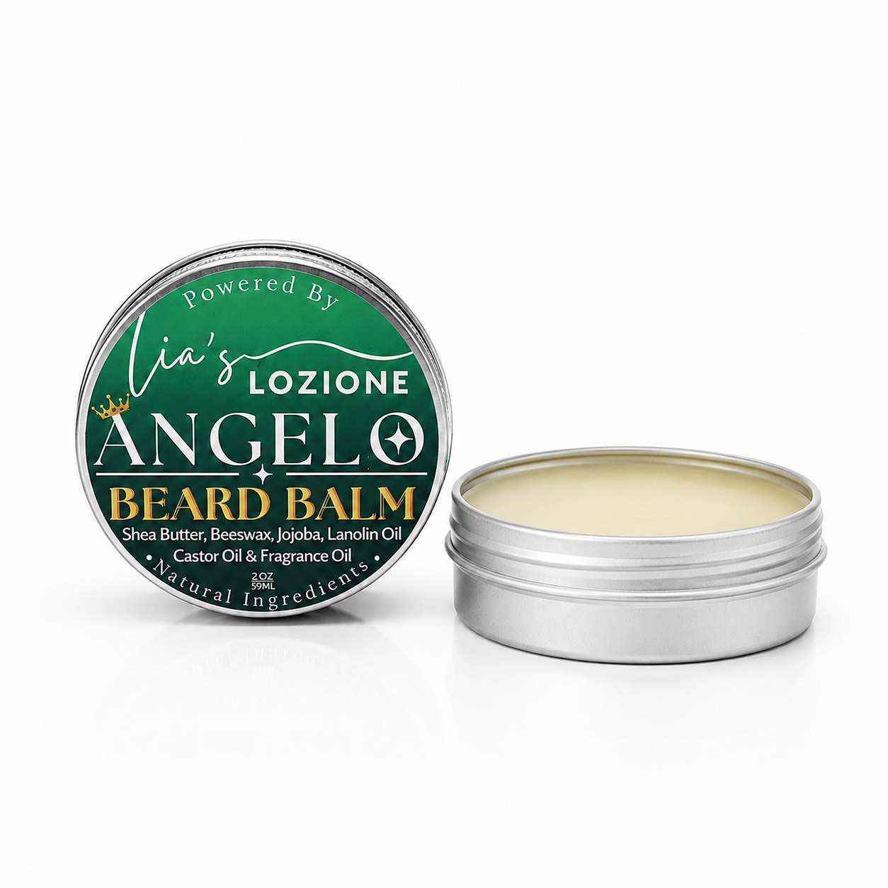 Studio Picture of Men's Beard Balm, Scent is ANGELO, 2 oz Twist Top Tin with Lid off. ANGELO: Warm amber and cardamom spice add depth and sensuality, leaving behind a smooth, masculine scent. Powered By Lia's Lozione.