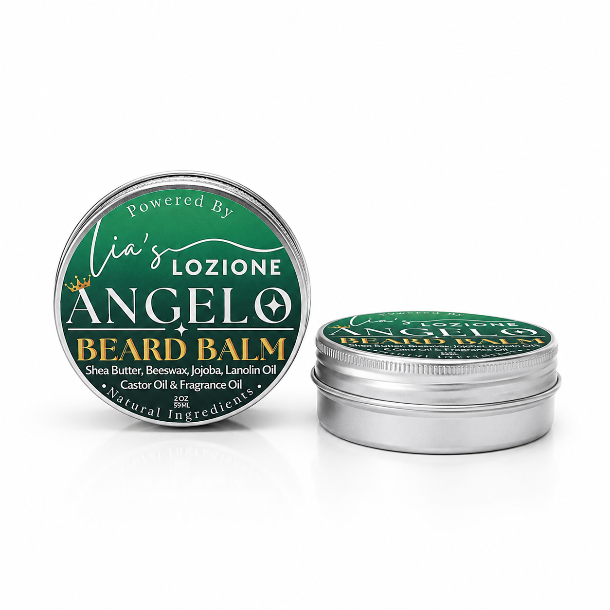 Studio Picture of Men's Beard Balm, Scent is ANGELO, 2 oz Twist Top Tin. ANGELO: Warm amber and cardamom spice add depth and sensuality, leaving behind a smooth, masculine scent. Powered By Lia's Lozione.