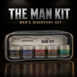 The Man Kit, Men's Discovery Beard and Body Butter set of 5 different scents, ENZIO, SERGIO, VALENTINO, GIUSEPPE, ANGELO. Five, 1 OZ Jars. Come with Clear Travel Pouch. Powered By Lia's Lozione.