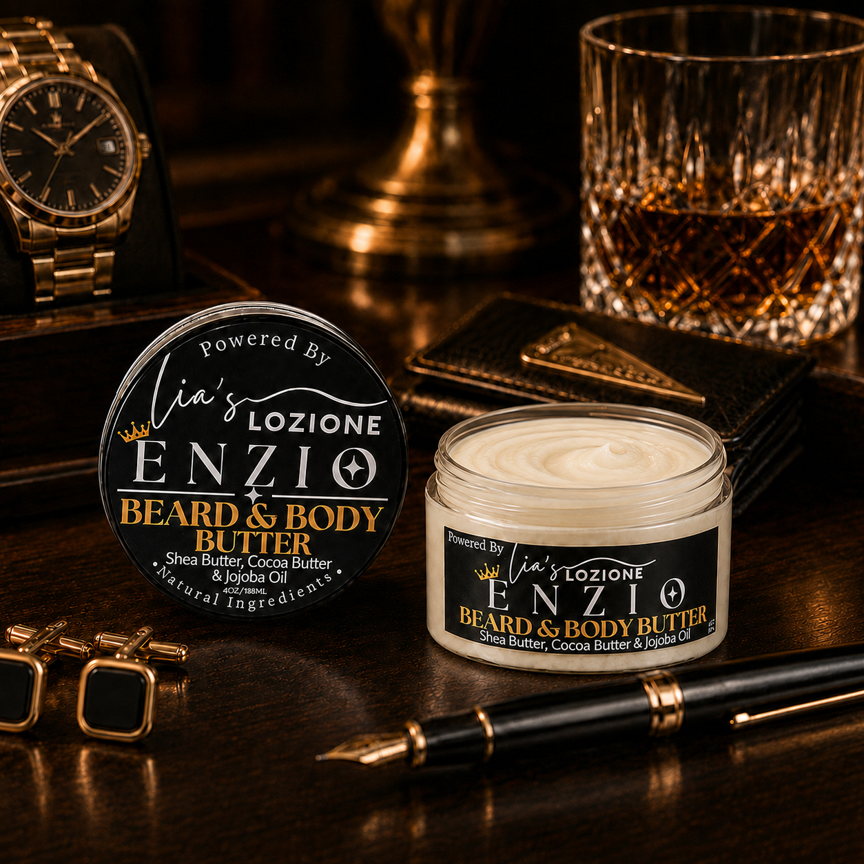 Men's Beard & Body Butter, Scent is ENZIO, 4 oz Jar with lid off. ENZIO is a rich, masculine, smooth, sexy, and full of personality. Powered By Lia's Lozione.