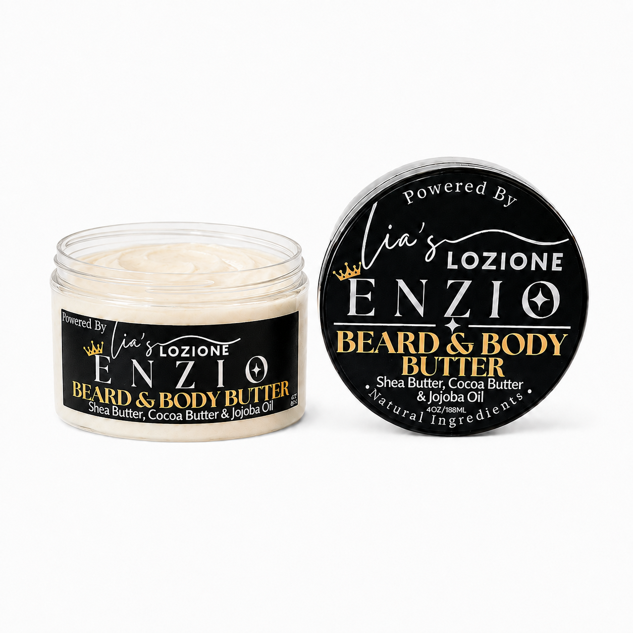 Studio Picture of Men's Beard & Body Butter, Scent is ENZIO, 4 oz Jar Lid Off. ENZIO is a rich, masculine, smooth, sexy, and full of personality. Powered By Lia's Lozione.