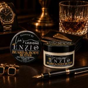 Men's Beard & Body Butter, Scent is ENZIO, 4 oz Jar. ENZIO is a rich, masculine, smooth, sexy, and full of personality. Powered By Lia's Lozione.