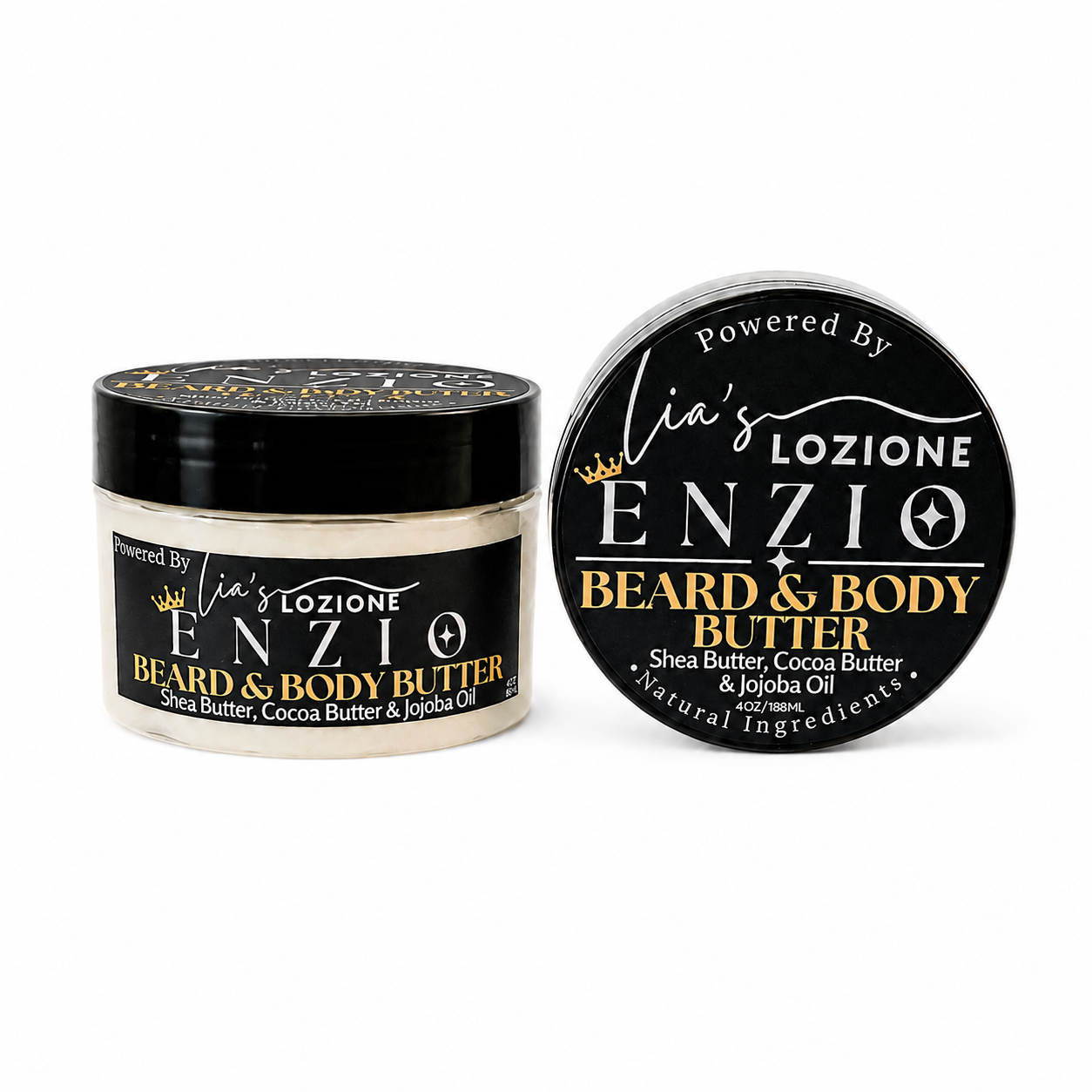Studio Picture of Men's Beard & Body Butter, Scent is ENZIO, 4 oz Jar. ENZIO is a rich, masculine, smooth, sexy, and full of personality. Powered By Lia's Lozione.