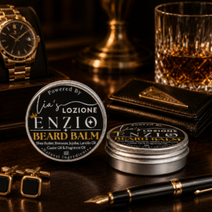 Men's Beard Balm, Scent is ENZIO, 2 oz Twist Top Tin.. ENZIO is a rich, masculine, smooth, sexy, and full of personality. Powered By Lia's Lozione.