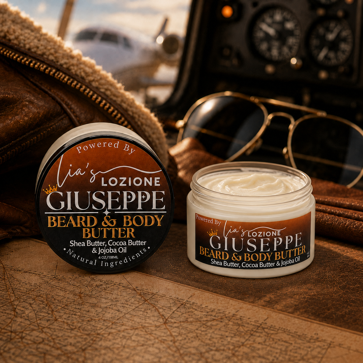 Men's Beard & Body Butter, Scent is GIUSEPPE, 4 oz Jar with lid off. GIUSEPPE is rich cedar and earthy vetiver complete the scent with a strong, refined finish that feels modern, sophisticated, and undeniably magnetic. Powered By Lia's Lozione.