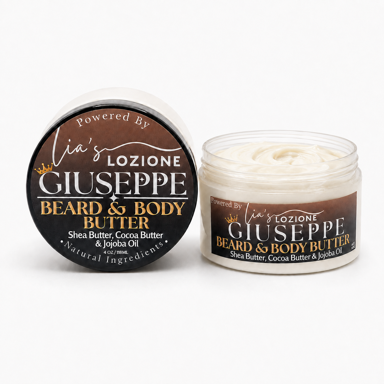 Studio Picture of Men's Beard & Body Butter, Scent is GIUSEPPE, 4 oz Jar with Lid off. GIUSEPPE is rich cedar and earthy vetiver complete the scent with a strong, refined finish that feels modern, sophisticated, and undeniably magnetic. Powered By Lia's Lozione.