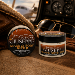 Men's Beard & Body Butter, Scent is GIUSEPPE, 4 oz Jar. GIUSEPPE is rich cedar and earthy vetiver complete the scent with a strong, refined finish that feels modern, sophisticated, and undeniably magnetic. Powered By Lia's Lozione.