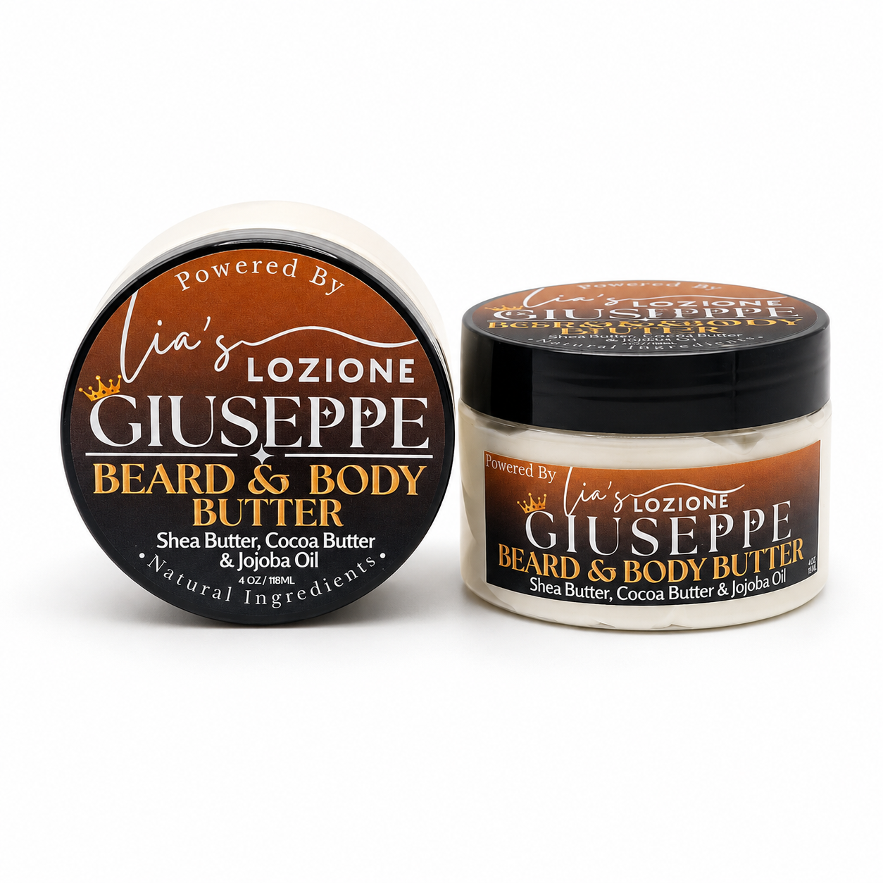 Studio Picture of Men's Beard & Body Butter, Scent is GIUSEPPE, 4 oz Jar. GIUSEPPE is rich cedar and earthy vetiver complete the scent with a strong, refined finish that feels modern, sophisticated, and undeniably magnetic. Powered By Lia's Lozione.