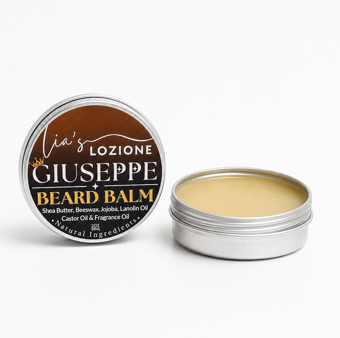 Studio Picture of Men's Beard Balm, Scent is GIUSEPPE, 2 oz Twist Top Tin with Lid off. GIUSEPPE is rich cedar and earthy vetiver complete the scent with a strong, refined finish that feels modern, sophisticated, and undeniably magnetic. Powered By Lia's Lozione.
