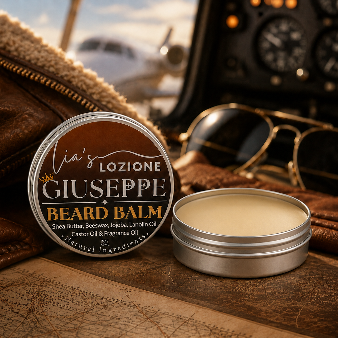 Men's Beard Balm, Scent is GIUSEPPE, 2 oz Twist Top Tin with Lid off. GIUSEPPE is rich cedar and earthy vetiver complete the scent with a strong, refined finish that feels modern, sophisticated, and undeniably magnetic. Powered By Lia's Lozione.