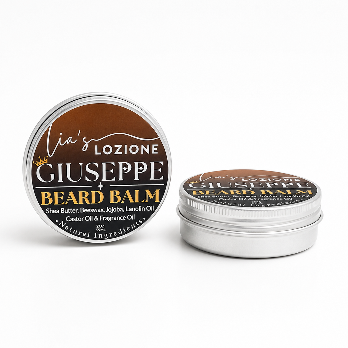 Studio Picture of Men's Beard Balm, Scent is GIUSEPPE, 2 oz Twist Top Tin. GIUSEPPE is rich cedar and earthy vetiver complete the scent with a strong, refined finish that feels modern, sophisticated, and undeniably magnetic. Powered By Lia's Lozione.