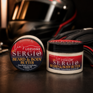 Men's Beard & Body Butter, Scent is SERGIO, 4 oz Jar. SERGIO is crisp aquatic notes blend with bright citrus and smooth woods to create a clean, sophisticated scent with undeniable masculine appeal. Powered By Lia's Lozione.