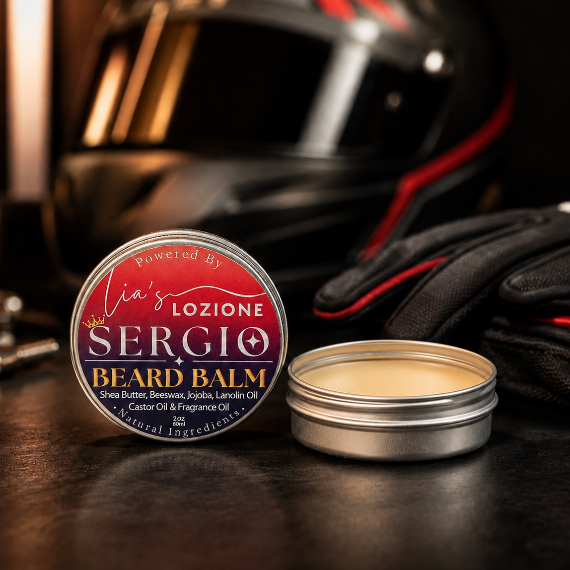 Men's Beard Balm, Scent is SERGIO, 2 oz Twist Top Tin with lid off. SERGIO is crisp aquatic notes blend with bright citrus and smooth woods to create a clean, sophisticated scent with undeniable masculine appeal. Powered By Lia's Lozione.