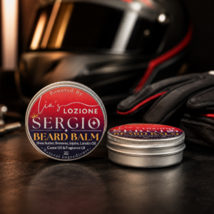 Men's Beard Balm, Scent is SERGIO, 2 oz Twist Top Tin. SERGIO is crisp aquatic notes blend with bright citrus and smooth woods to create a clean, sophisticated scent with undeniable masculine appeal. Powered By Lia's Lozione.