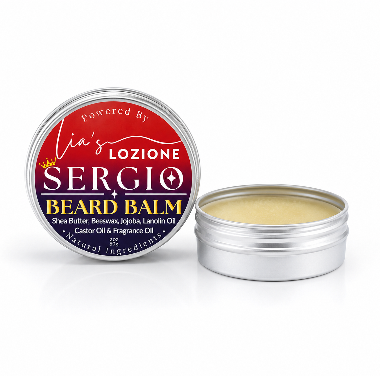 Studio Picture of Men's Beard Balm, Scent is SERGIO, 2 oz Twist Top Tin with lid off. SERGIO is crisp aquatic notes blend with bright citrus and smooth woods to create a clean, sophisticated scent with undeniable masculine appeal. Powered By Lia's Lozione.