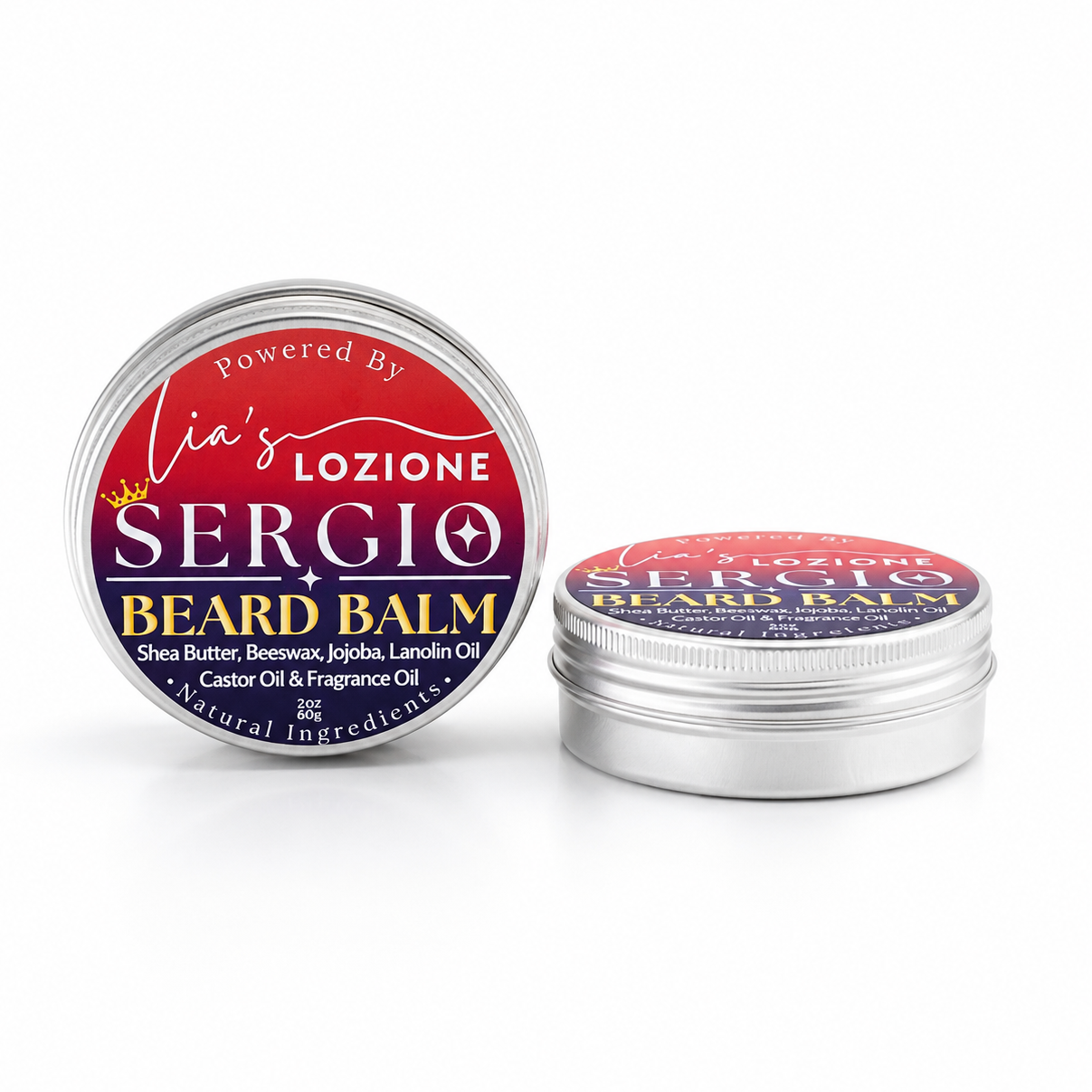Studio Picture of Men's Beard Balm, Scent is SERGIO, 2 oz Twist Top Tin.. SERGIO is crisp aquatic notes blend with bright citrus and smooth woods to create a clean, sophisticated scent with undeniable masculine appeal. Powered By Lia's Lozione.