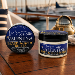 Men's Beard & Body Butter, Scent is Valentino, 4 oz Jar. VALENTINO is a confident blend of fresh citrus and warm spice with a smooth masculine finish. Powered By Lia's Lozione.