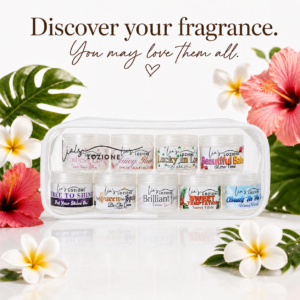 Lia's Lozione Discovery Scent Set, Body Butter set of 9 travel size jars with clear cosmetic travel bag. Each jar represents one of the 9 scents that are available at Lia's Lozione