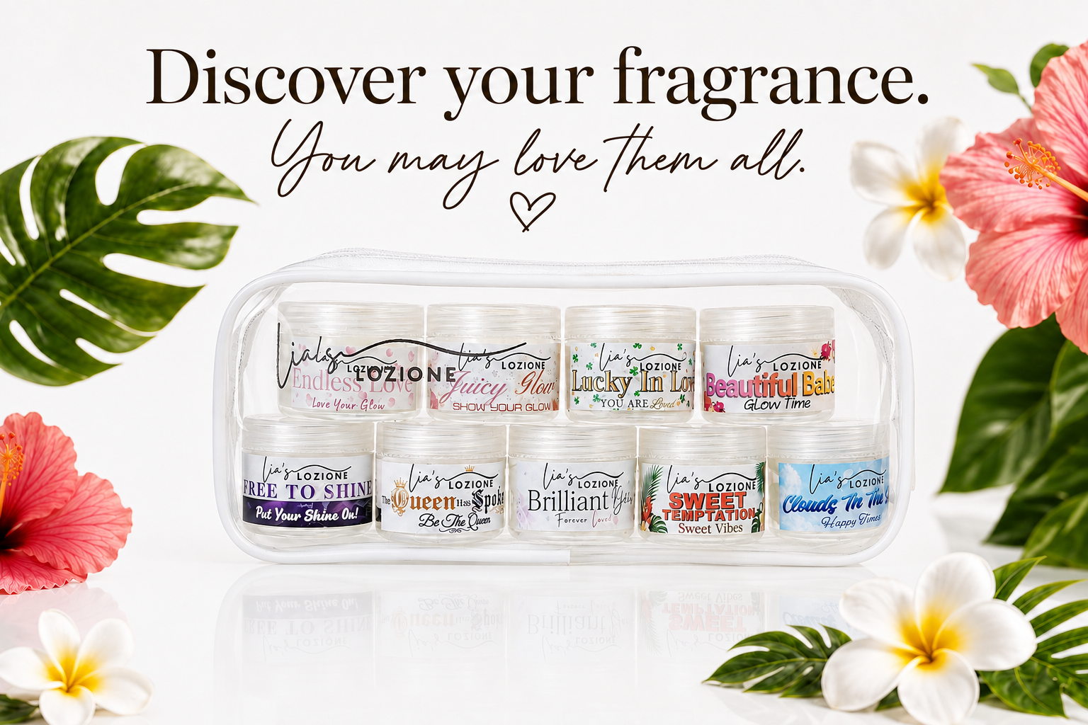 Lia's Lozione Discovery Scent Set, Body Butter set of 9 travel size jars with clear cosmetic travel bag. Each jar represents one of the 9 scents that are available at Lia's Lozione