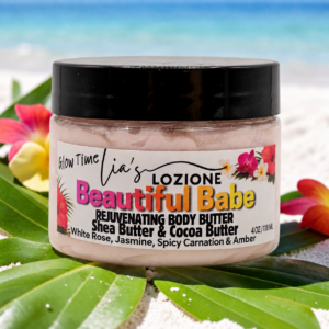 Jar of Beautiful Babe Whipped Body Butter, Size 4 OZ, by Lia's Lozione. The Scent is White Rose, Jasmine, Spicy Carnation & Warming Amber.