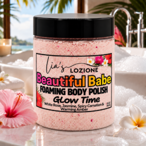 Beautiful Babe 10 OZ JAR of Body Polish in front of a tub with bubbles with beautiful flowers