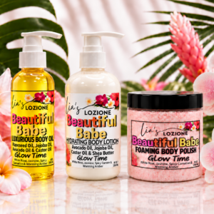 Beautiful Babe 4 OZ Body Oil Bottle, 8 OZ Body Lotion Bottle and 10 OZ Body Polish Jar in a beauttiful Tropical flower setting 1