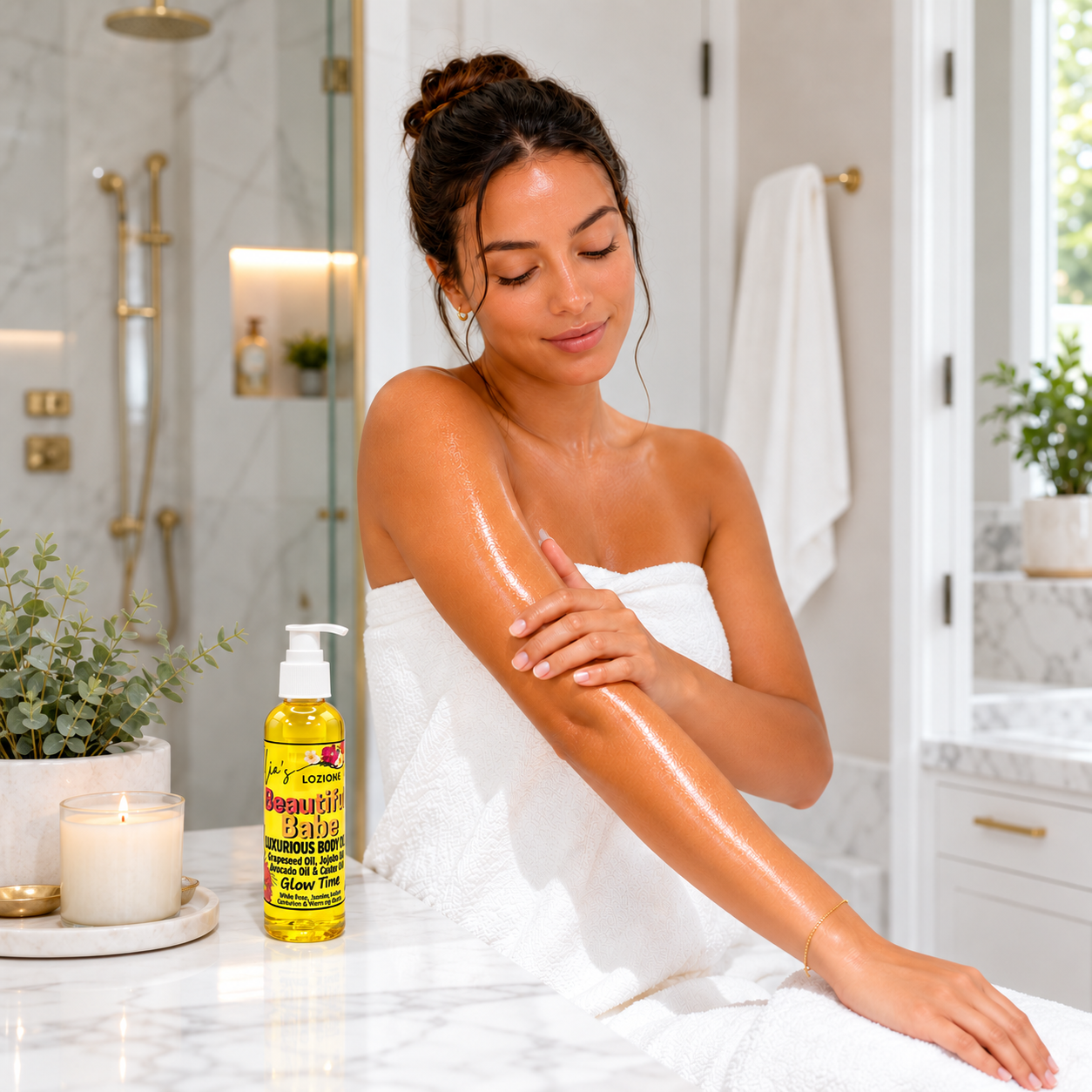Beautiful Babe 4 OZ Body Oil Bottle with a beautiful woman rubbing the body oil on her arm by Lia's Lozione