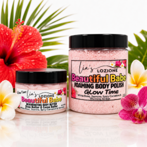 Beautiful Babe 4 OZ Body Butter and Body Polish in a tropical floral setting