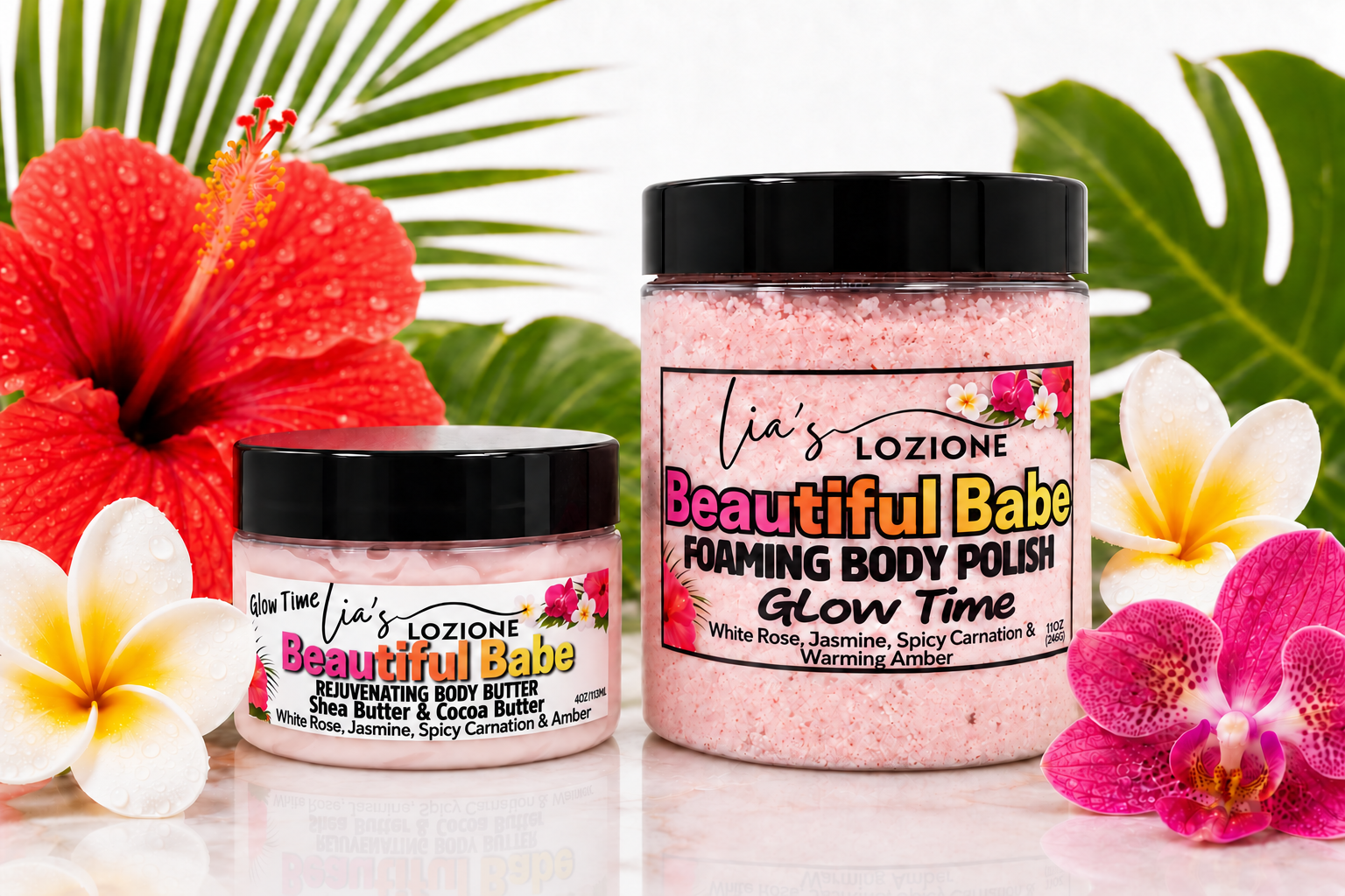 Lia's Lozione, Beautiful Babe Combo Set, 4 OZ Jar of Body Butter and 10 OZ Jar of Body Polish. The Scent is White Rose, Jasmine, Spicy Carnation & Warming Amber.