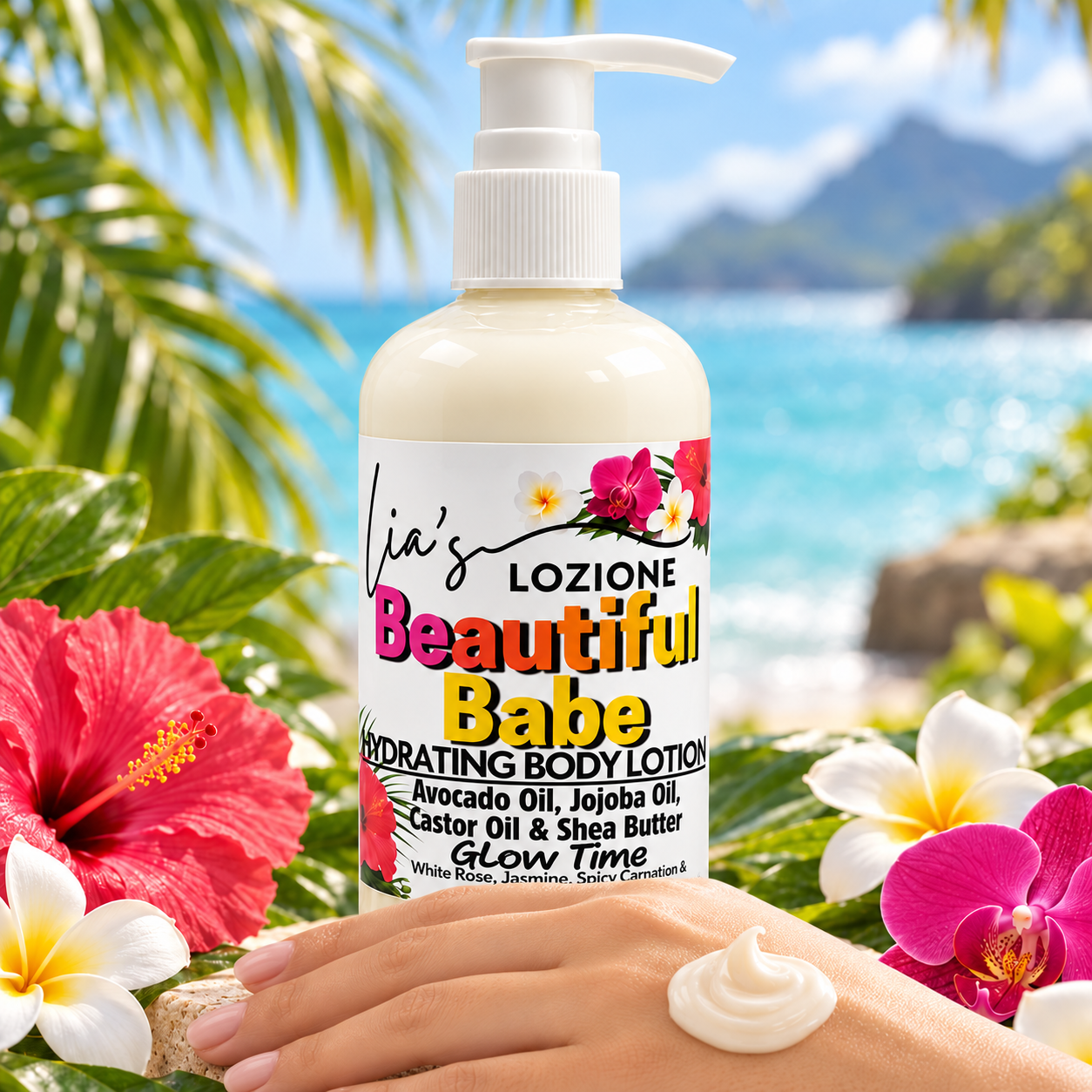 Pump Bottle of Beautiful Babe Body Lotion with sample of Lotion on a hand , Size 8 OZ, by Lia's Lozione. The Scent is White Rose, Jasmine, Spicy Carnation & Warming Amber.