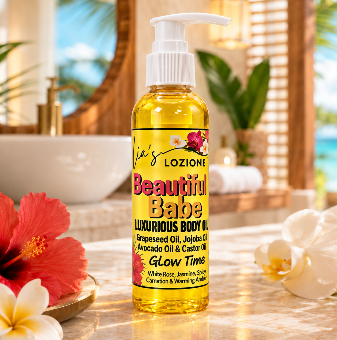Beautiful Babe 4 OZ Body Oil Bottle in a Beautiful tropical bathroom