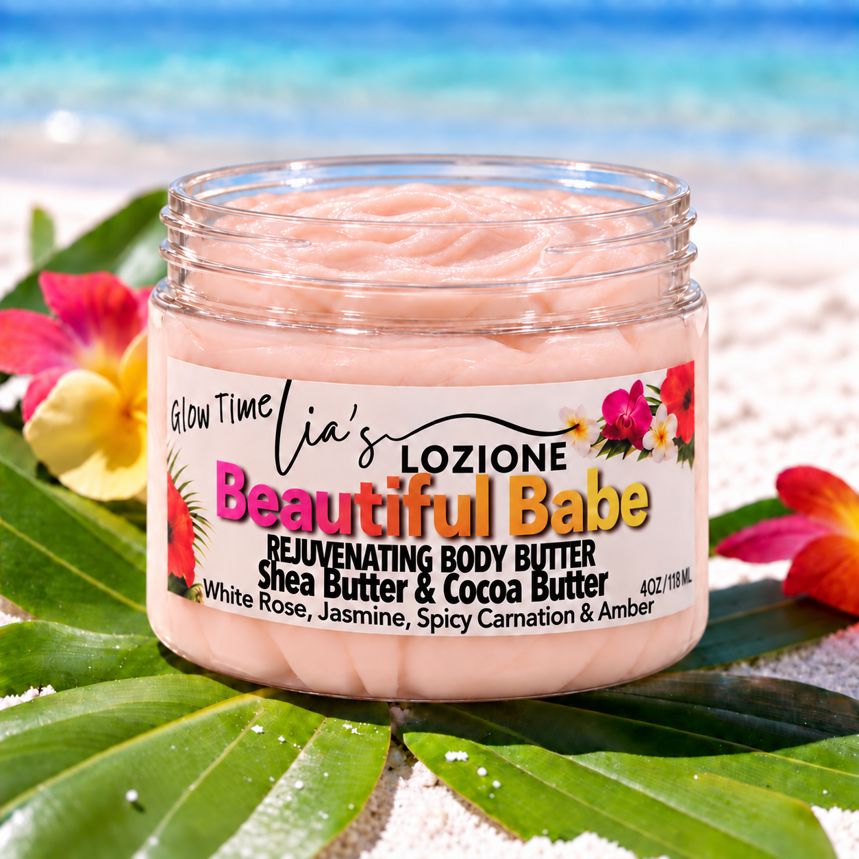 Jar with lid off of Beautiful Babe Whipped Body Butter, size 4 OZ, by Lia's Lozione. The Scent is White Rose, Jasmine, Spicy Carnation & Warming Amber.