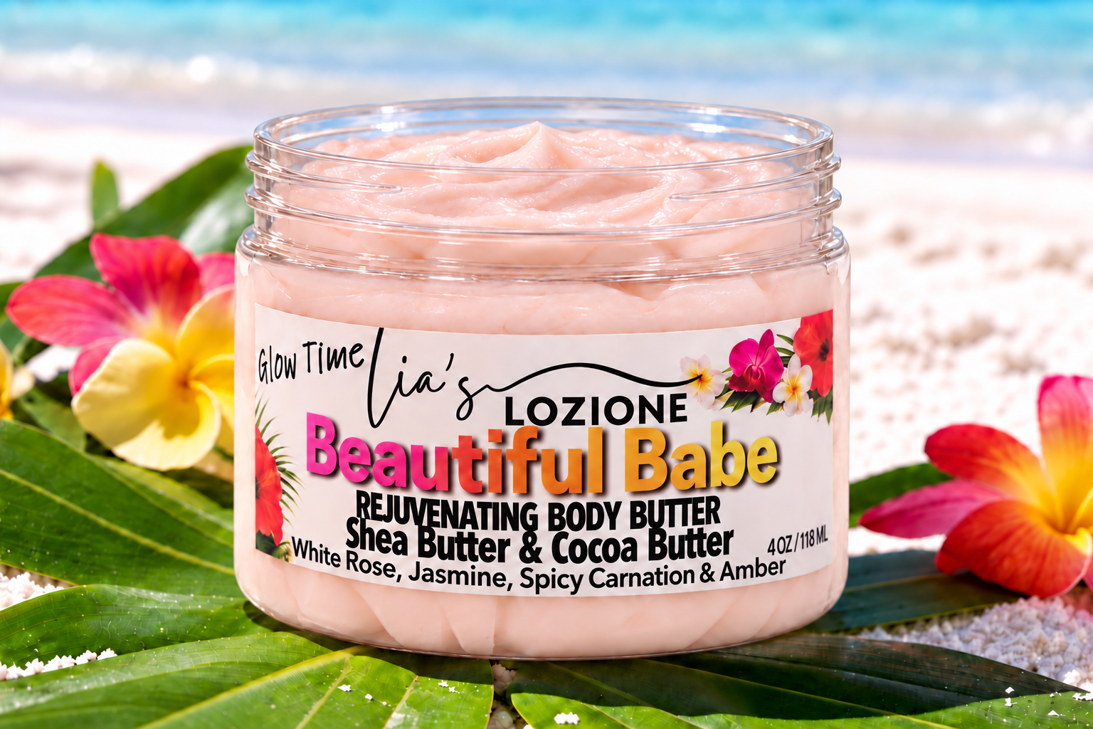Lia's Lozione, Beautiful Babe, 4 OZ Jar of Whipped Body Butter. Scent is White Rose, Jasmine, Spicy Carnation & Warming Amber