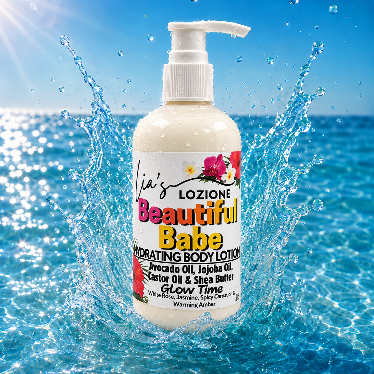 Pump Bottle of Beautiful Babe Body Lotion making a splash in water, Size 8 OZ, by Lia's Lozione. The Scent is White Rose, Jasmine, Spicy Carnation & Warming Amber.