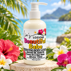 Pump Bottle of Beautiful Babe Body Lotion, Size 8 OZ, by Lia's Lozione. The Scent is White Rose, Jasmine, Spicy Carnation & Warming Amber.