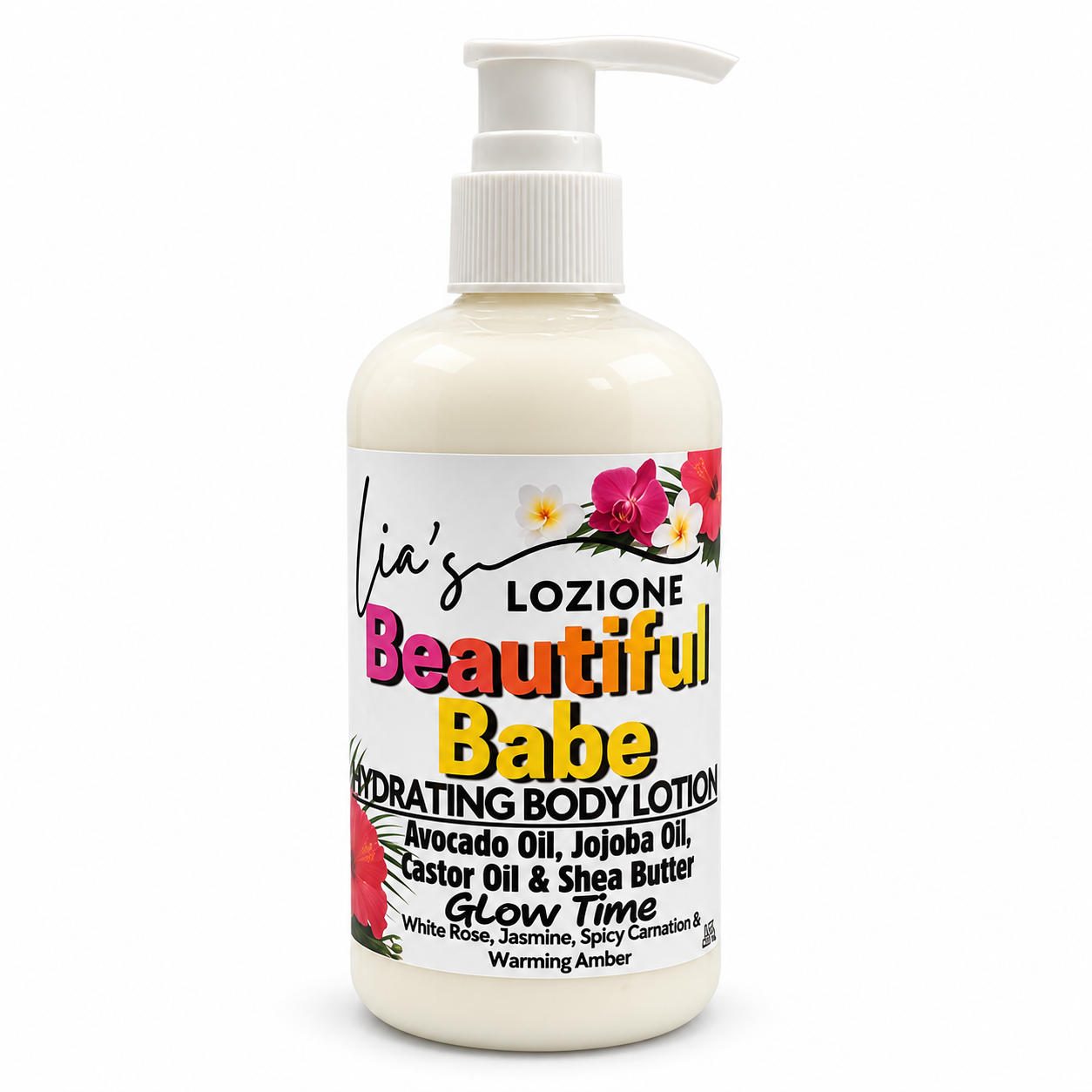 Studio Picture of a Pump Bottle of Beautiful Babe Body Lotion , Size 8 OZ, by Lia's Lozione. The Scent is White Rose, Jasmine, Spicy Carnation & Warming Amber.