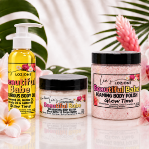 Beautiful Babe Trio Set 4 OZ Body Oil, 4 OZ Body Butter and 10 OZ Body Polish in a beautiful setting of tropical flowers