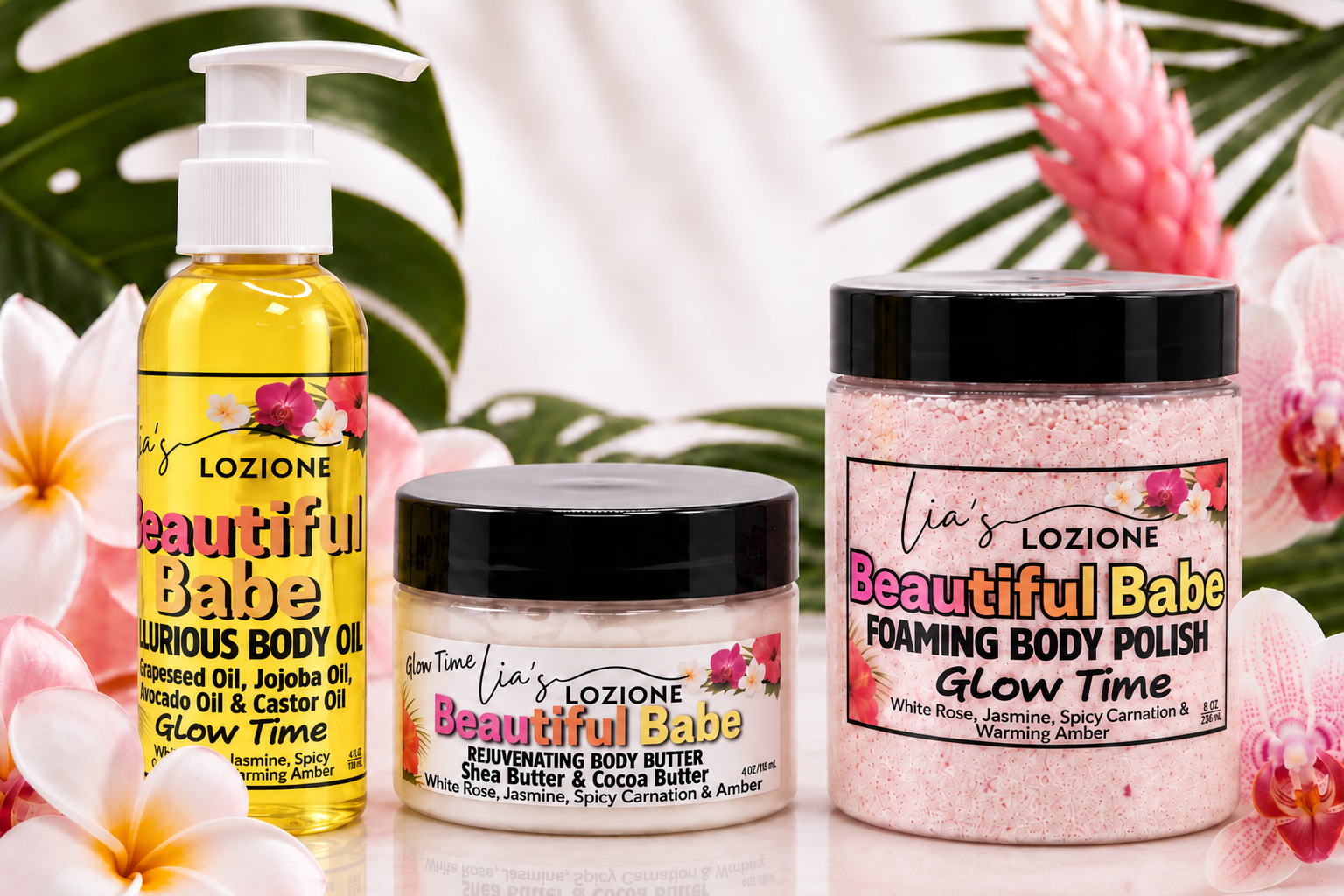 Lia's Lozione, Beautiful Babe Trio Set, 8 OZ Pump Bottle Of Body Oil, 4 OZ Jar of Body Butter and 10 OZ Jar of Body Polish. The Scent is White Rose, Jasmine, Spicy Carnation & Warming Amber.