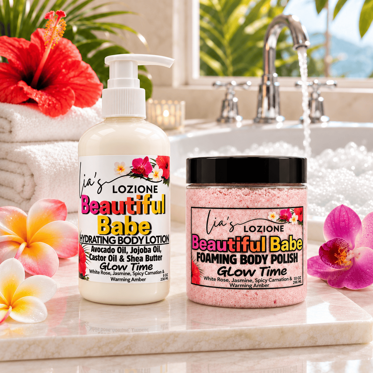 Beautiful Babe combo set, 8 OZ Body Lotion and 10 OZ Body Polish Comb Set in a beautifu bathroom setting with tropical flowers