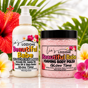 Beautiful Babe combo set, 8 OZ Body Lotion and 10 OZ Body Polish Comb Set in a beautiful tropical flower setting