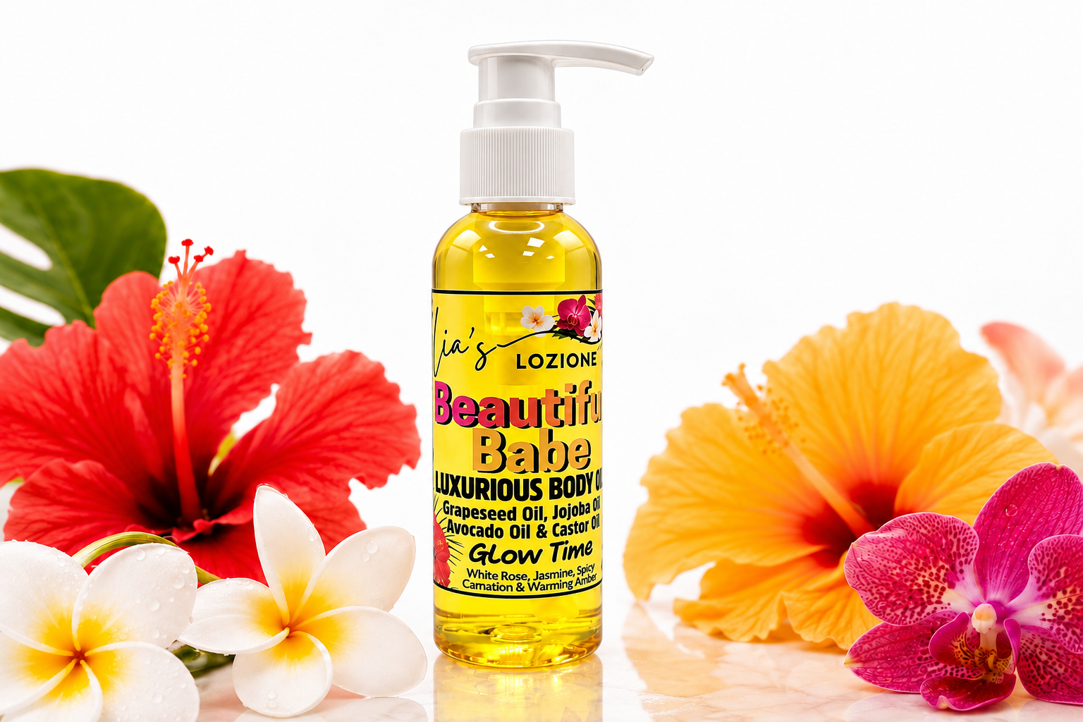 Pump Bottle of Beautiful Babe Luxurious Body Oil, By Lia's Lozione. The Scent is White Rose, Jasmine, Spicy Carnation & Warming Amber.