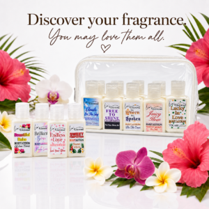 Lia's Lozione Discovery Scent Set, Body Lotion set of 9 travel size Bottles with clear cosmetic travel bag. Each Bottle represents one of the 9 scents that are available at Lia's Lozione