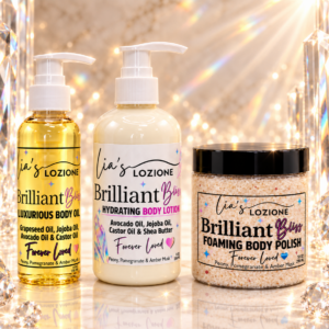 Brilliant Bliss 4 OZ Body Oil Bottle, 8 OZ Body Lotion Bottle and 10 OZ Body Polish Jar in a beauttiful crystal setting
