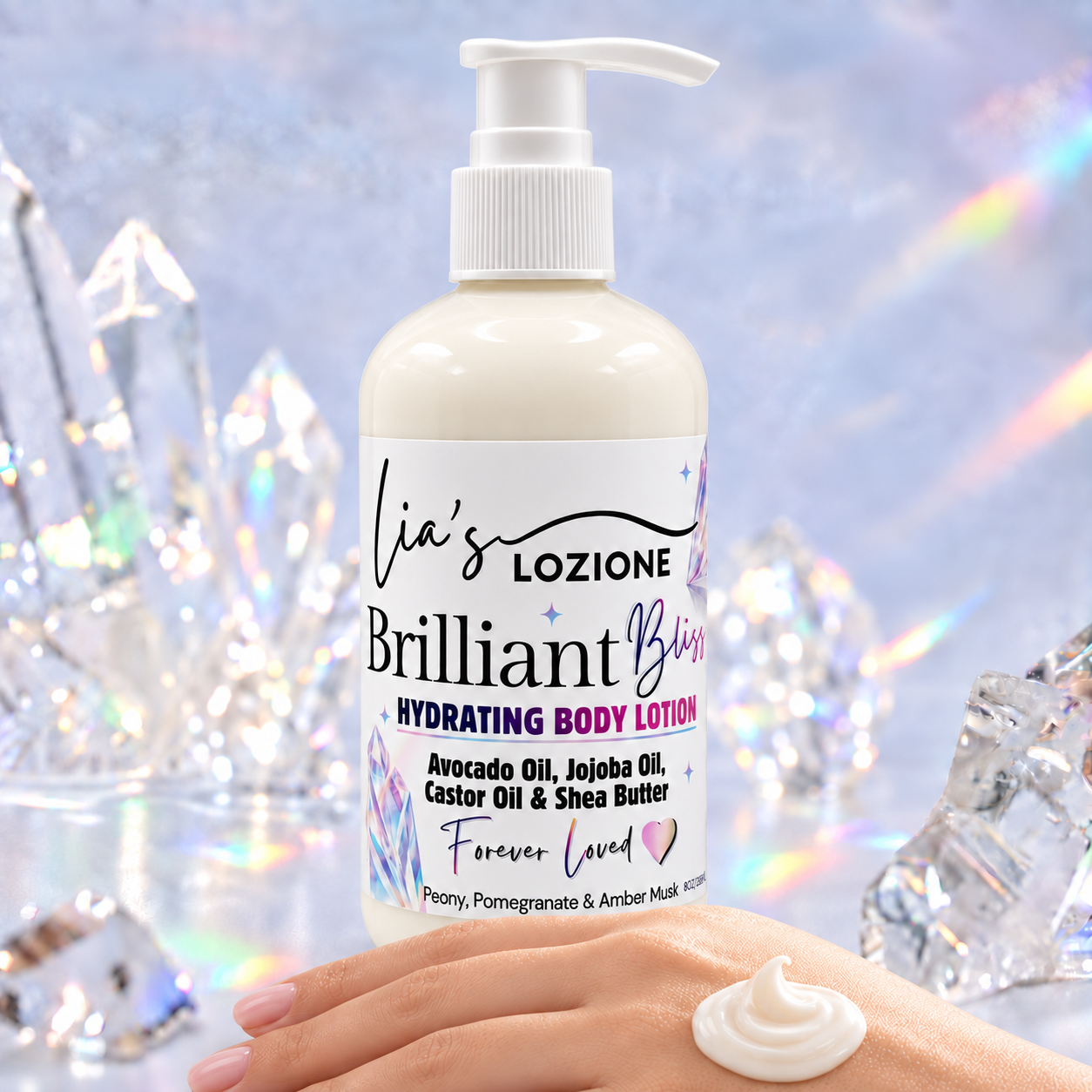 Pump Bottle of Brilliant Bliss Lotion with sample of Lotion on a hand , Size 8 OZ, by Lia's Lozione. The Scent is Floral fragrance pomegranate, yuzu, peony, magnolia, and lotus blossoms. Lingering notes of amber and musk.