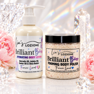 Brilliant Bliss Combo Set, 8 oz Body Lotion Bottle and 10 oz Body Polish Jar in a beautiful crystal settling with peony fowers